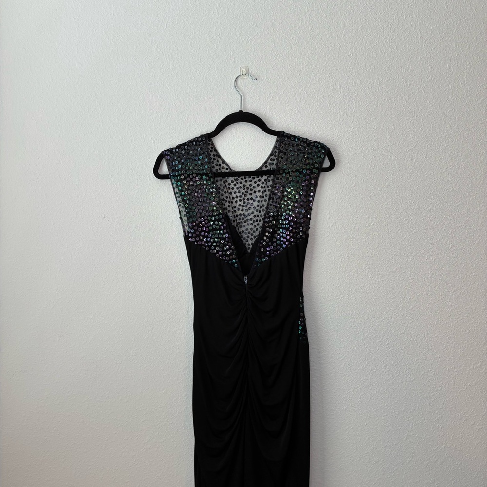 Casadei Black Maxi Dress with Iridescent Sequin Yoke